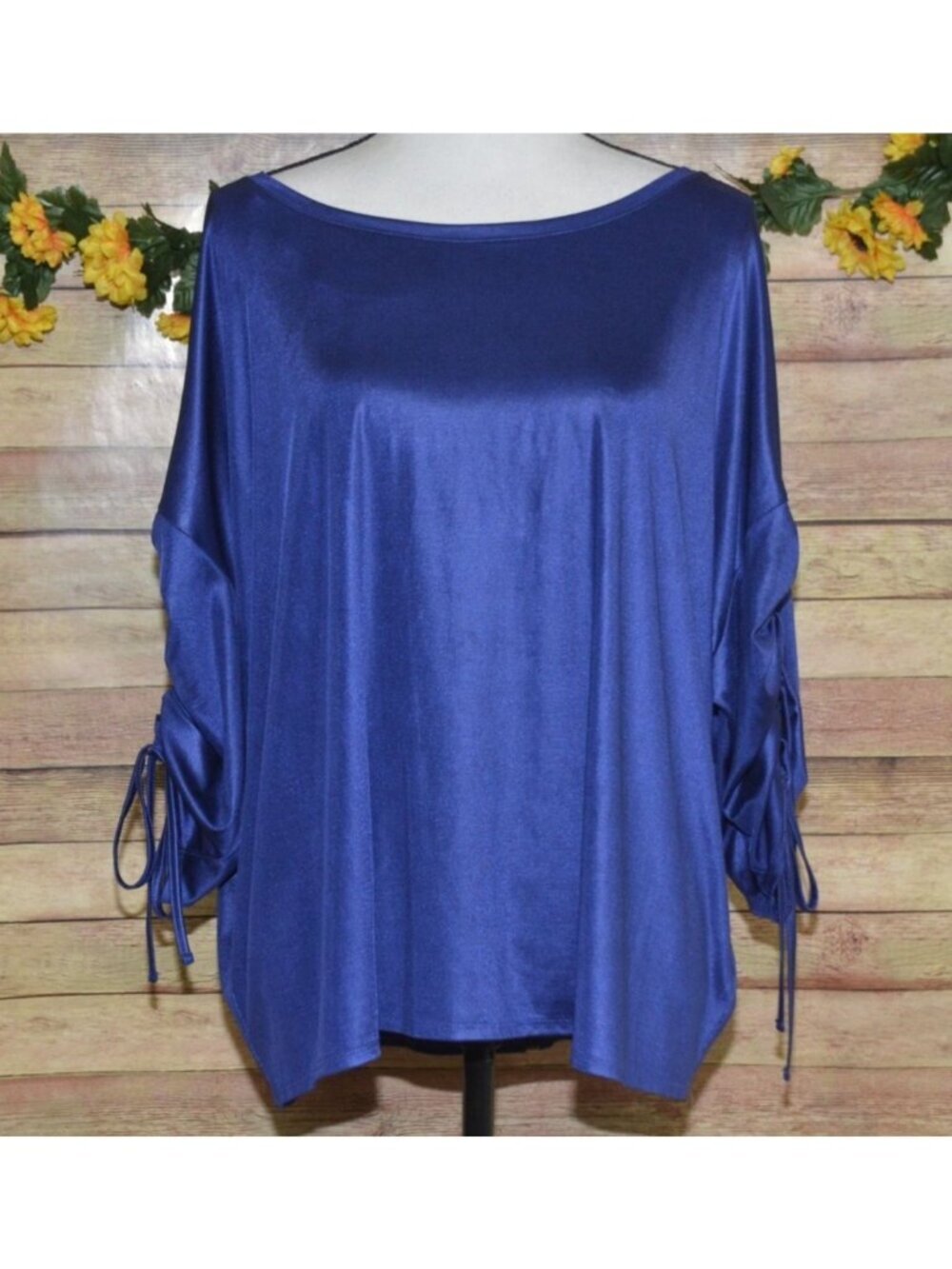 Jennifer Lopez Silky Blue Blouse Top Size XXL 3/4 Rushed Sleeve Career Night Out